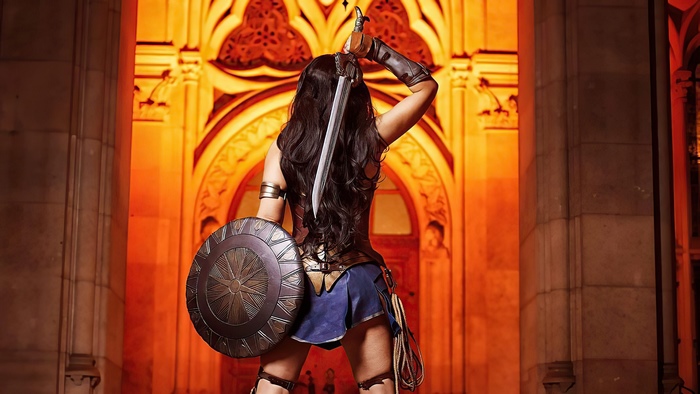 Wonder Woman cosplay with sword and shield