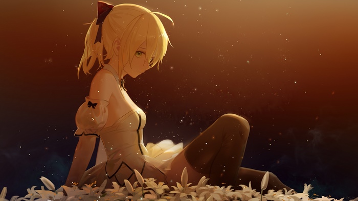 Saber from Fate/Grand Order sitting among lilies