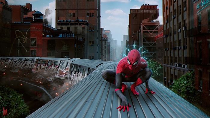 Spider-Man on a train roof in a city