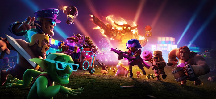 Clash of Clans characters in a festive battle scene