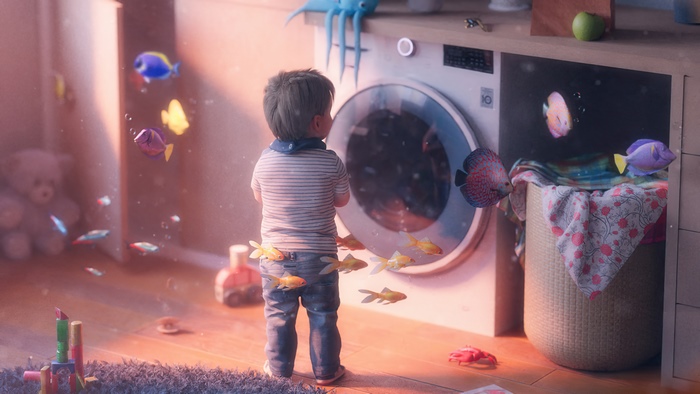 Fantasy artwork of a child and fish