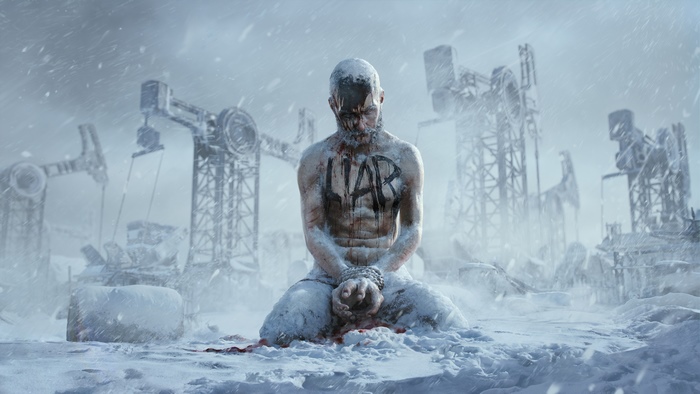 Man with 'Liar' written on chest in Frostpunk 4K