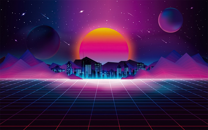 Retrowave digital art with planets and city