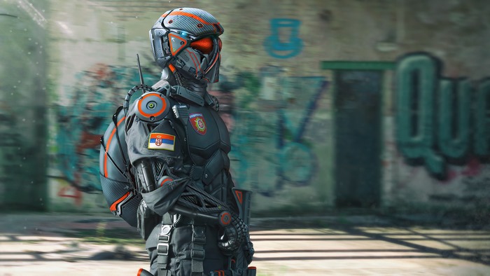 Soldier in futuristic armor with Serbian flag