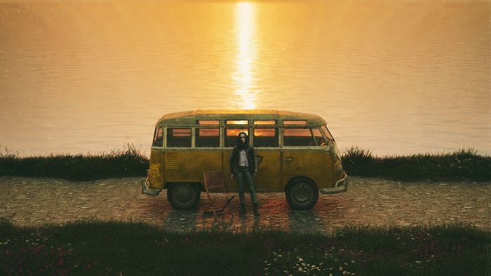 Person standing by a yellow van at sunset