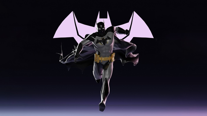 Batman running with a stylized bat symbol behind him
