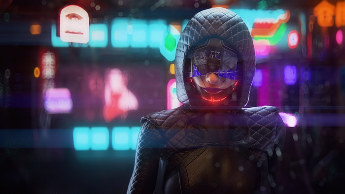 Cyberpunk character with futuristic mask and hood