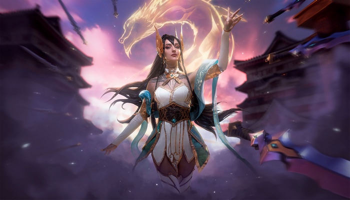 Irelia from League of Legends with a dragon