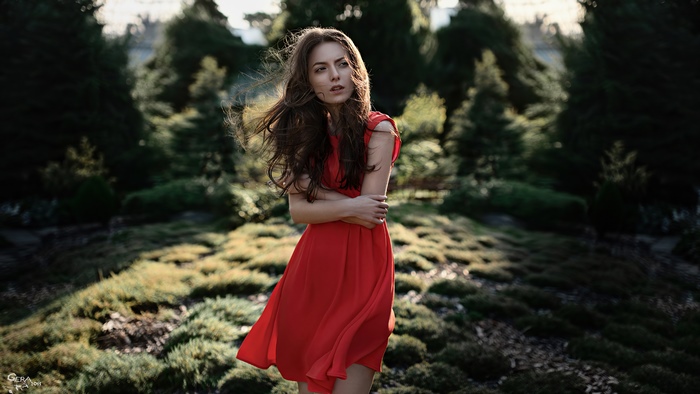 Model in Red Dress Outdoors in