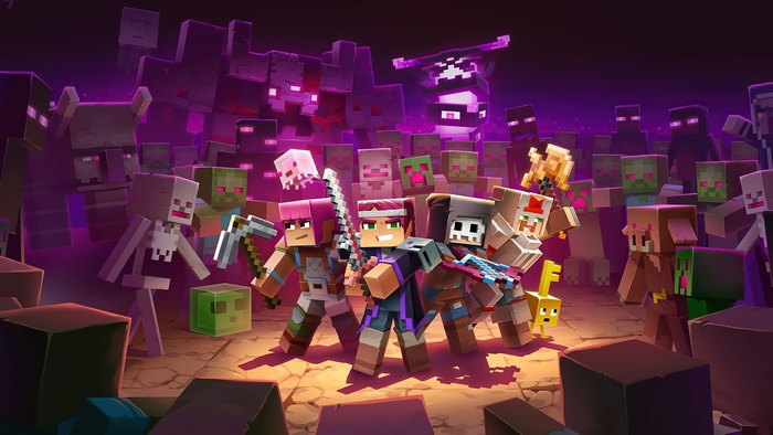 Minecraft Dungeons characters fighting mobs