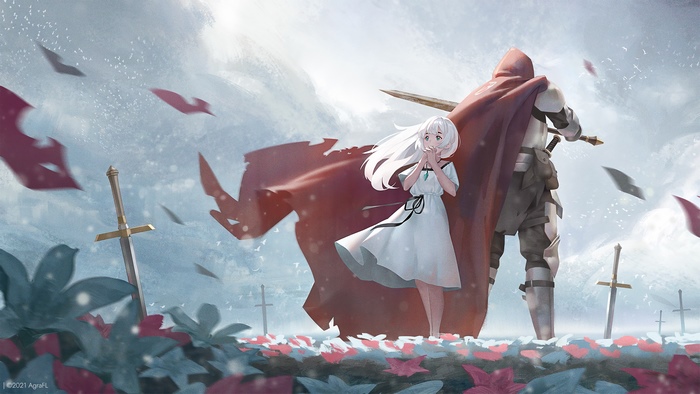 Anime girl and knight in a snowy field with swords