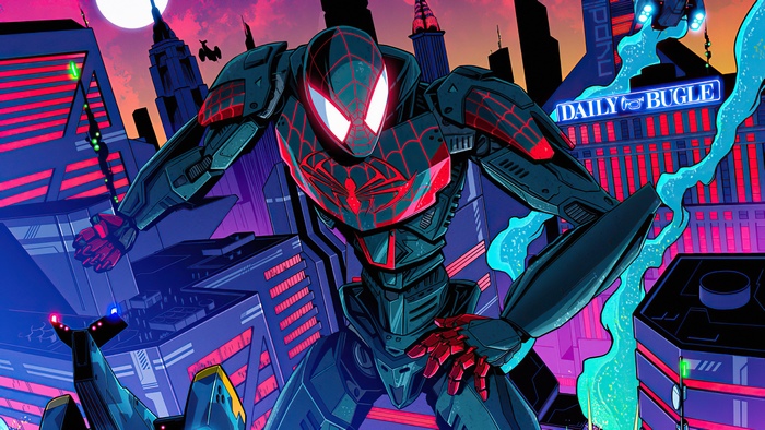 Spider-Man in a mech suit in a futuristic city