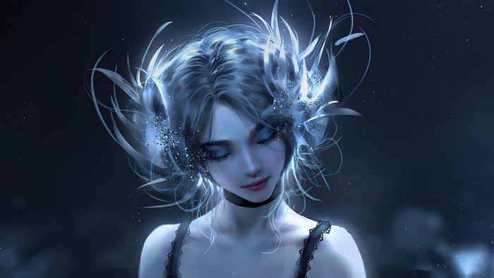 Digital art of a woman with blue makeup and icy hair