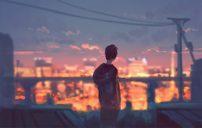 Artwork of a person looking at a city at sunset