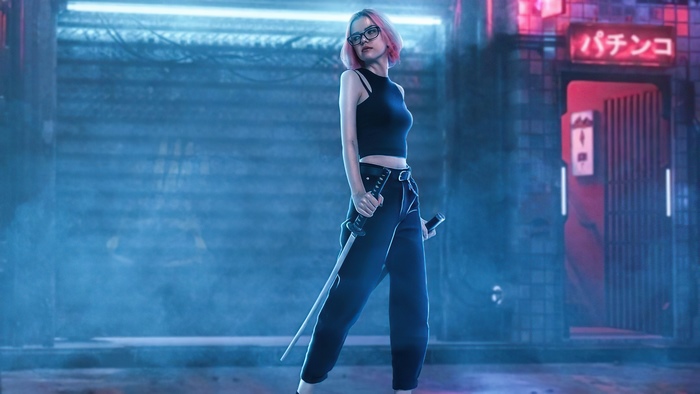Woman with pink hair holding katanas in a neon city