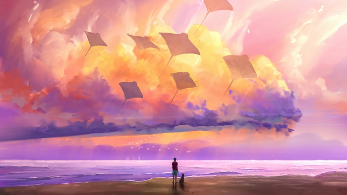 Digital art of manta rays flying in clouds