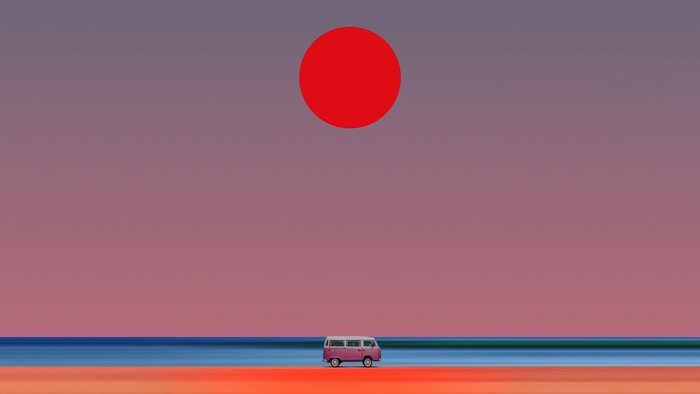 Minimalist van on a beach at sunset