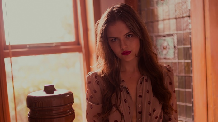 Lily Kate France in patterned dress