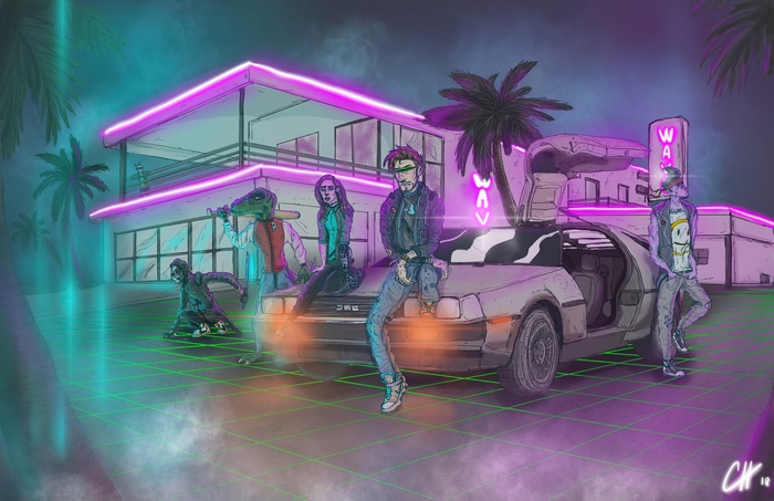 Synthwave artwork with characters and DeLorean