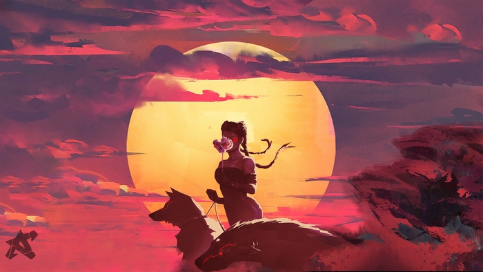 Loba from Apex Legends with wolves at sunset 4K