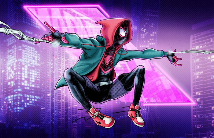 Miles Morales Spider-Man in a city at night