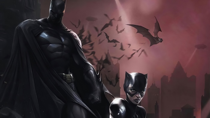 Batman and Catwoman with bats and city skyline