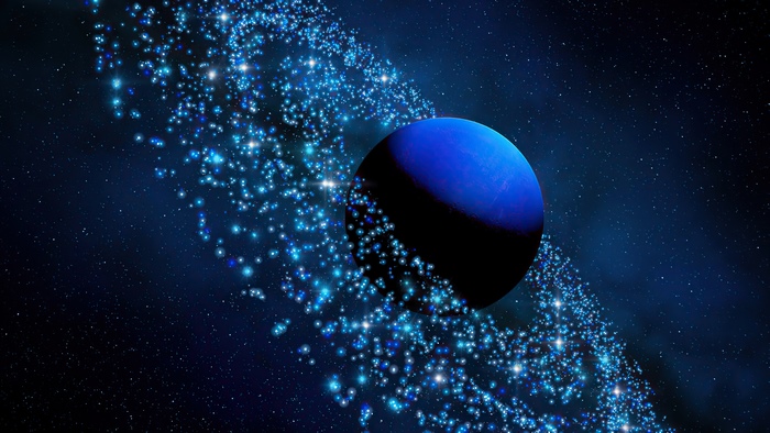 Blue planet with glowing ring in digital art