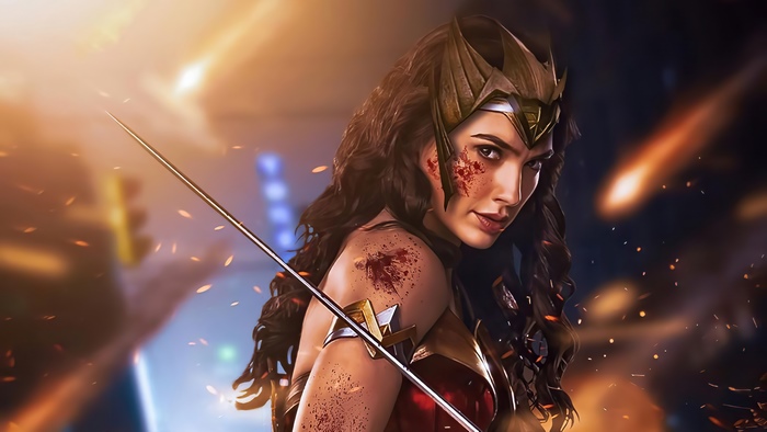 Wonder Woman with sword and blood