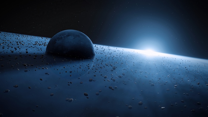 Planet with asteroid ring and distant sun