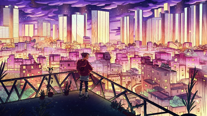 Anime cityscape with person on balcony