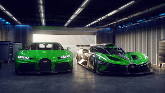 Bugatti Chiron and Bugatti Bolide in a garage