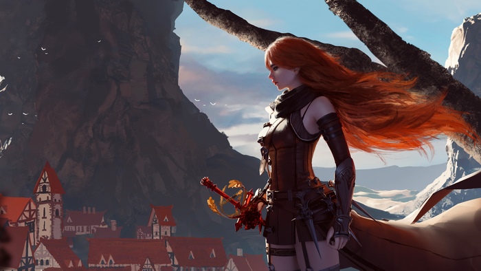 Warrior with red hair and sword overlooking a village