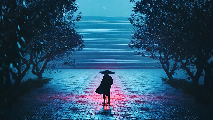 Samurai in a conical hat on a wet path