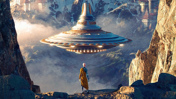 UFO hovering over a monk in a mountain landscape