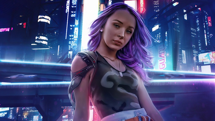 Cyberpunk woman with purple hair in a futuristic city