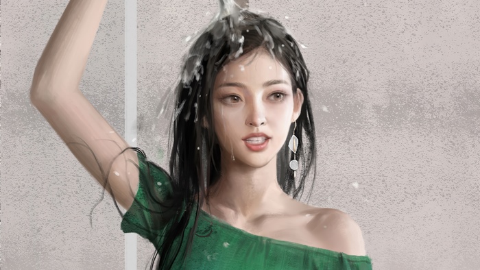 Artwork of a woman with water on her hair