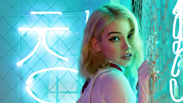 Gwen Stacy cosplay in front of neon lights
