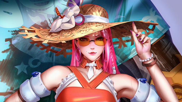 Ashe from Overwatch wearing a straw hat and sunglasses