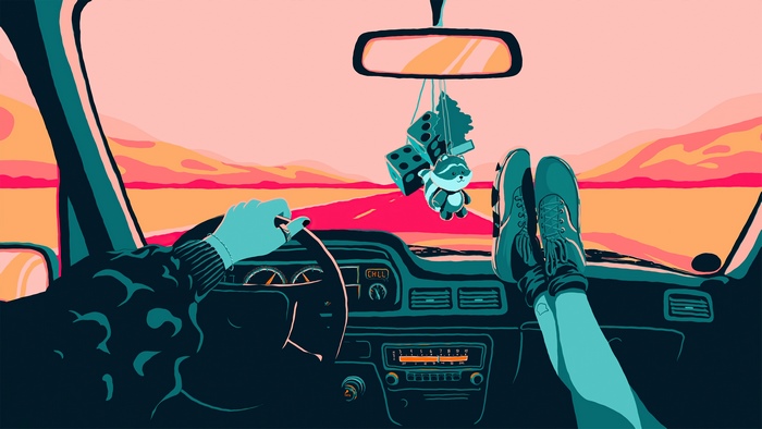 Retrowave car interior with dice and plush toy