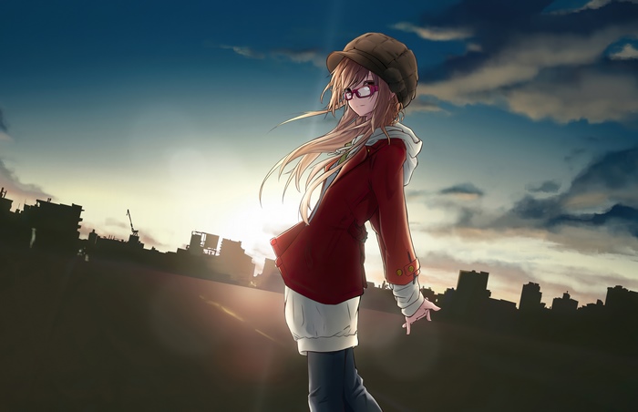 Anime girl with glasses and hat at sunset