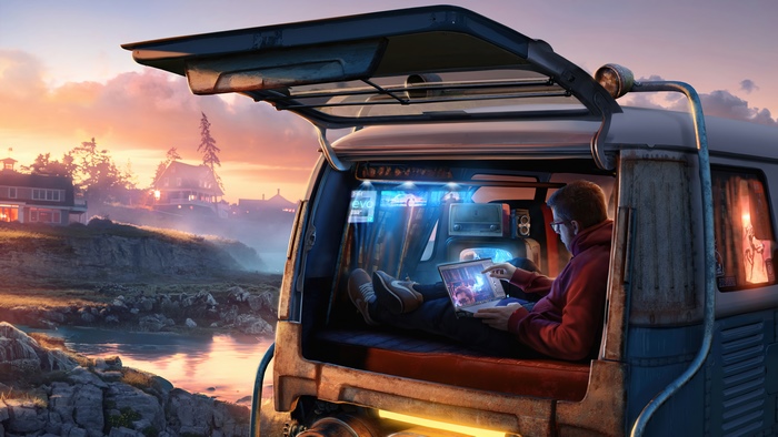 Futuristic Van Scene with Person Using Laptop