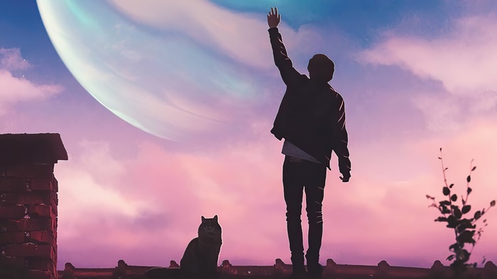 Man and cat on rooftop with planet