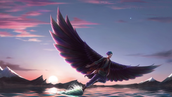 Man with large wings flying over water at sunset
