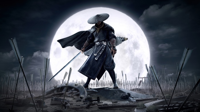 Warrior with sword in front of full moon
