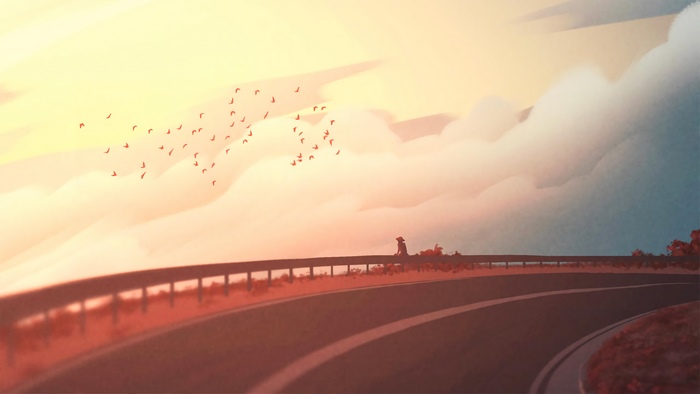 Digital art of a sunset with birds and clouds