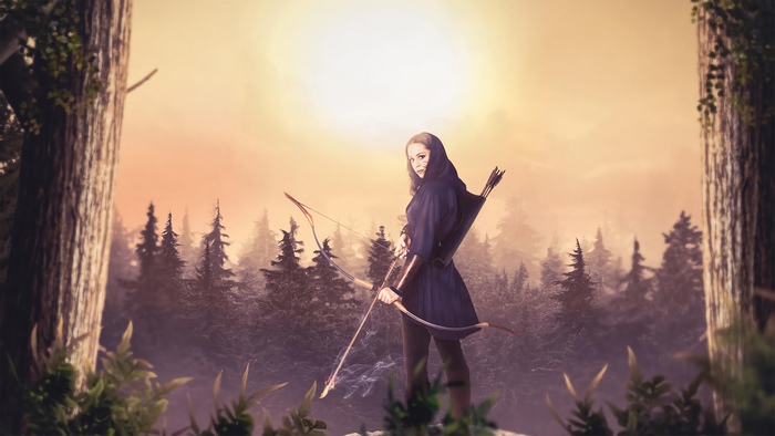 Artwork of a female archer in a forest