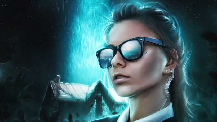 Woman with glasses and a house under a blue light