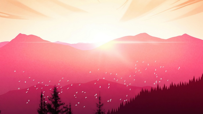 Digital Art Sunset Over Mountains with Birds