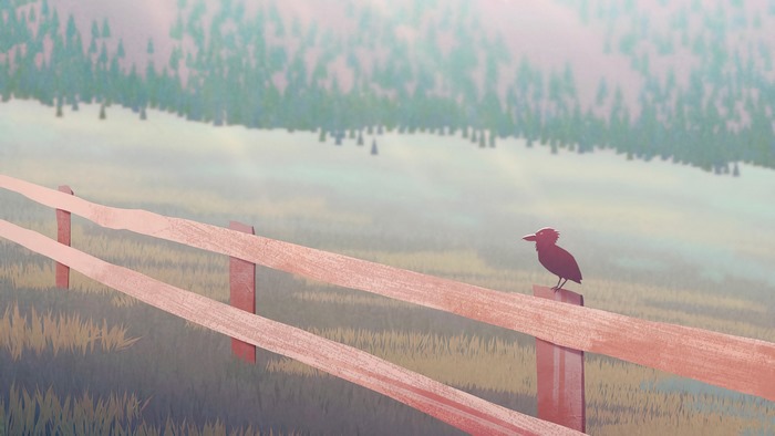 Bird on a fence in a misty forest landscape