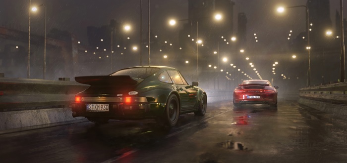 Two Porsches driving on a rainy city street at night